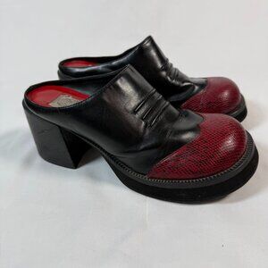Vintage Arizona Black Red Chunky Heel Mules Y2K 90s Faux Snakeskin Toe Size 8.5